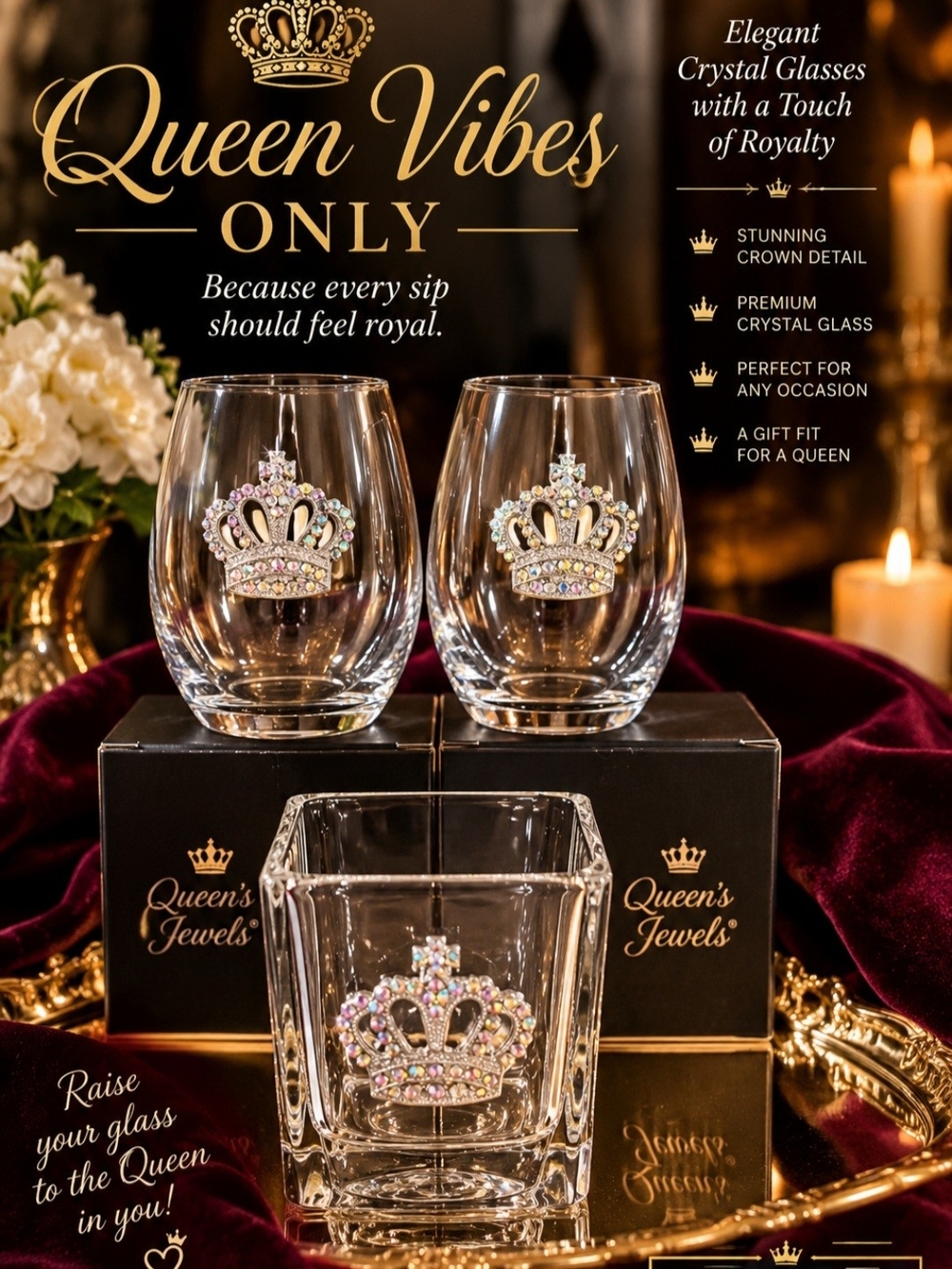 Crystal Glasses Set - Clear with Iridescent Crown Accents